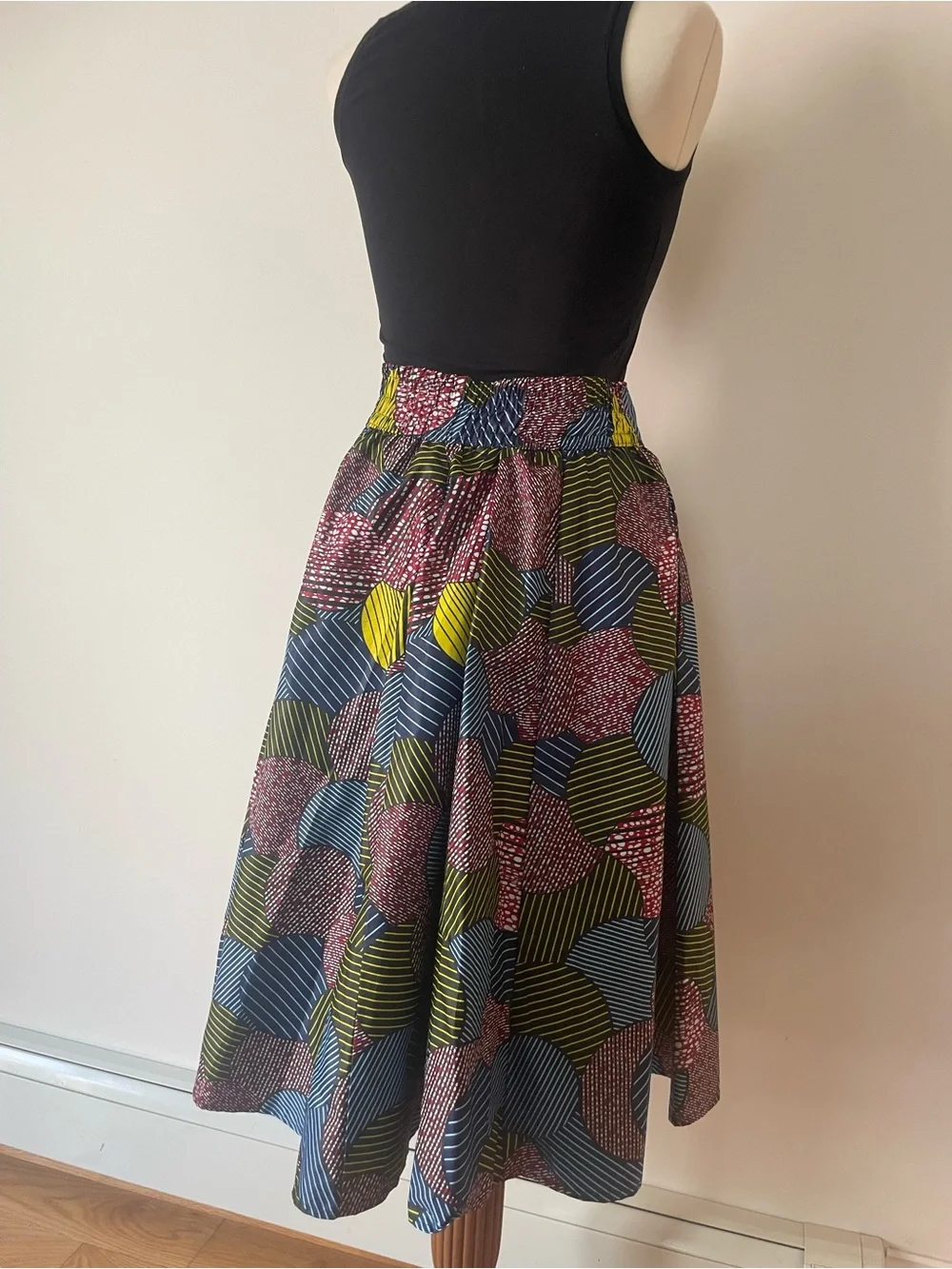 Printed Midi Skirt in Blue, Olive, Black & Red with matching scarf - Picture 4 of 8